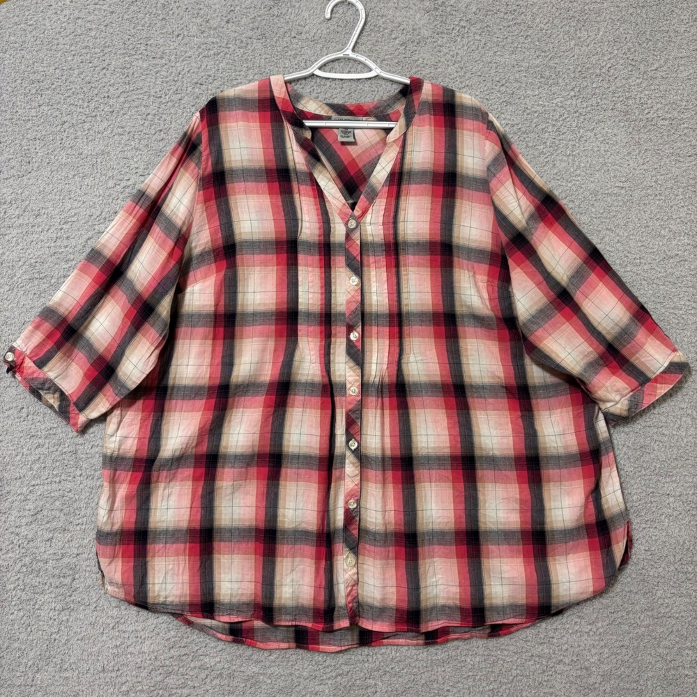 Everyday Comfortable Plaid Button Front Blouse Cotton Blend Lightweight Plus 2X